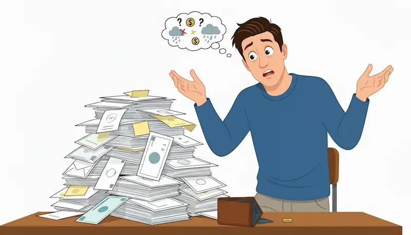 رجل يحاول ترتيب العديد من الفواتير والأوراق المالية المكدسة، في إشارة إلى الضغط الناتج عن التعثر المالي.