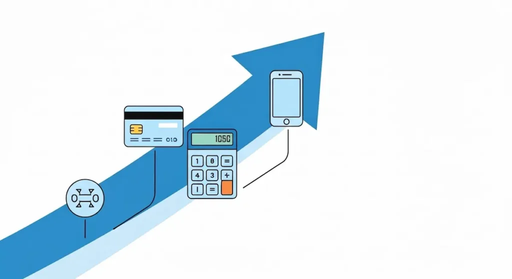 أيقونات تمثل منتجات مالية صغيرة مثل بطاقة ائتمانية وتقسيط، تُستخدم لبناء سجل ائتماني إيجابي.