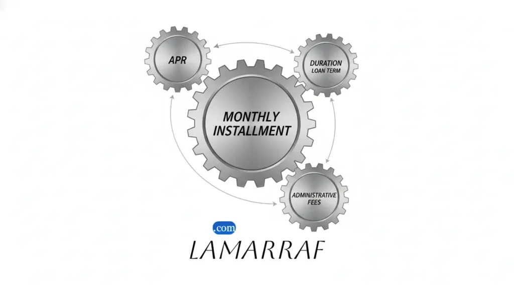 رسم تخطيطي يوضح العوامل المختلفة مثل APR ومدة السداد التي تؤثر على حساب القسط الشهري.