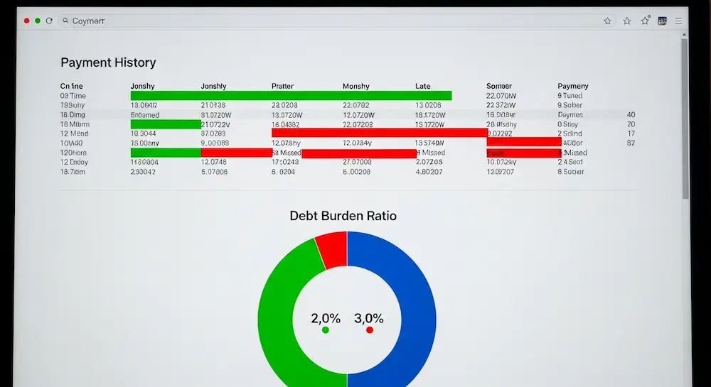 تحليل تفصيلي لتقرير ائتماني يوضح طريقة قراءة البنوك للالتزامات، تاريخ السداد، ونسبة عبء الدين.