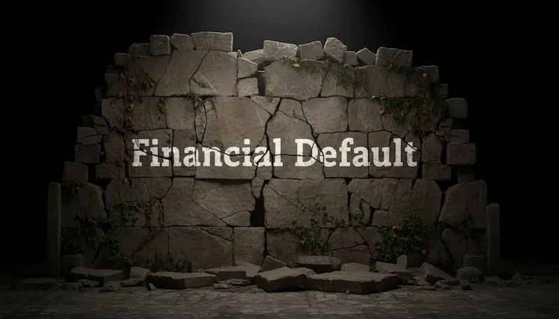 تصوير مجازي للجدار الائتماني ينهار نتيجة التعثر المالي الحاد.