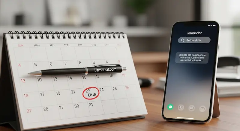 تقويم وهاتف ذكي يوضحان أهمية الالتزام بمواعيد السداد.