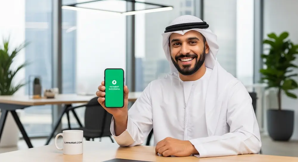 رجل سعودي يبتسم أثناء استخدام تطبيق مالي ناجح.