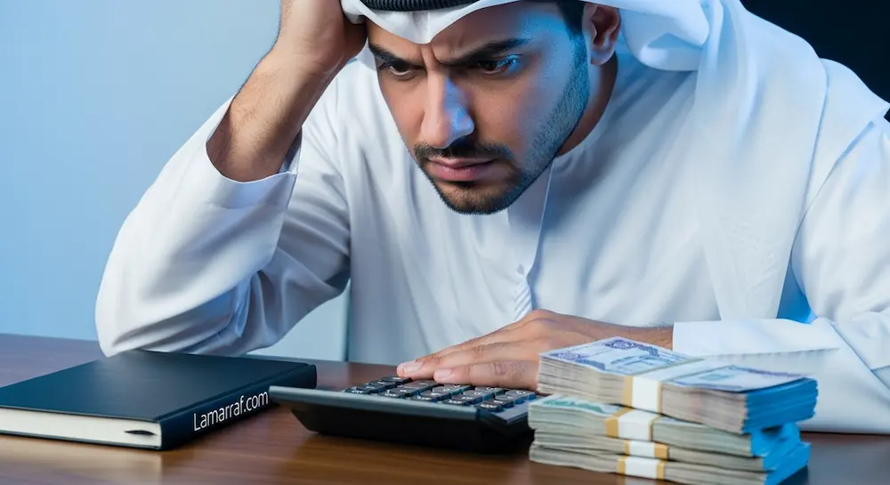 رجل يراجع حساباته المالية بقلق للتأكد من خلوها من علامات التعثر المالي.
