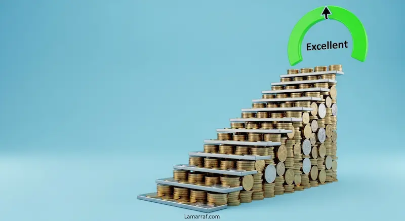 رسم بياني يمثل خطوات النمو وتحسين التقييم الائتماني تدريجيًا.