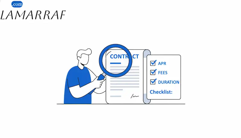 شخص يراجع قائمة شاملة لخيارات التمويل ويقارن معدل النسبة السنوي والرسوم الإدارية.