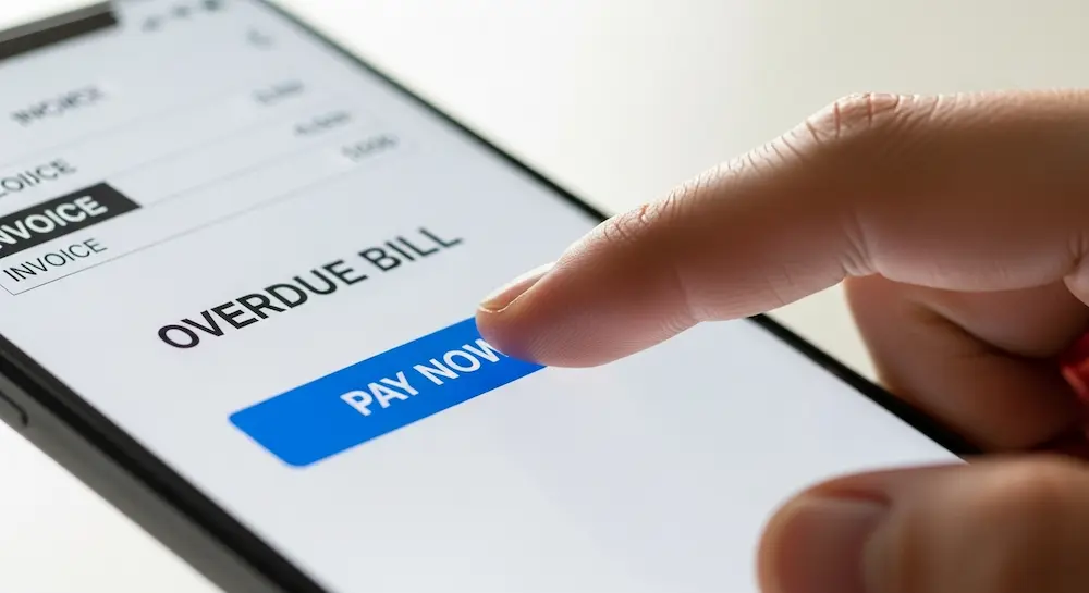 شخص يسدد التزامات مالية متأخرة عبر تطبيق بنكي، كأول خطوة لتصحيح التقييم الائتماني.