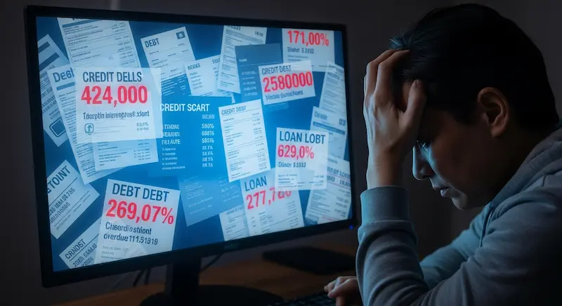 شخص يشعر بالضغط المالي بسبب صعوبة إدارة الالتزامات المتعددة وارتفاع الفوائد المدفوعة.