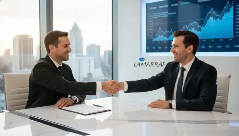 صفقة تمويل ناجحة حيث يقوم عميل وممثل مالي بالمصافحة بعد توقيع عقد بشروط مُحسّنة.