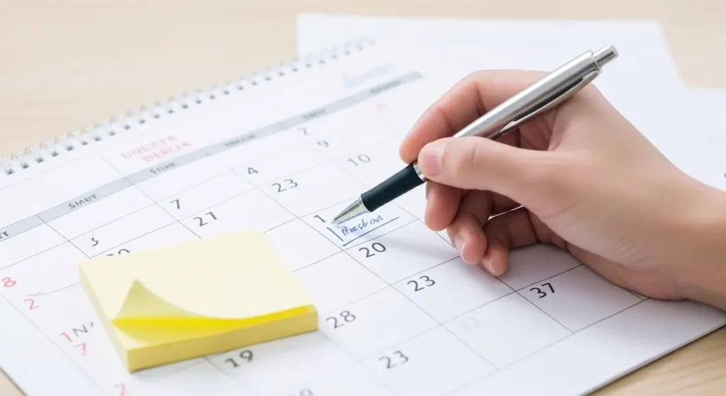 قلم فوق تقويم يُشير إلى تأخير بسيط في تاريخ استحقاق الدفع، يوضح حالة المتأخرات.