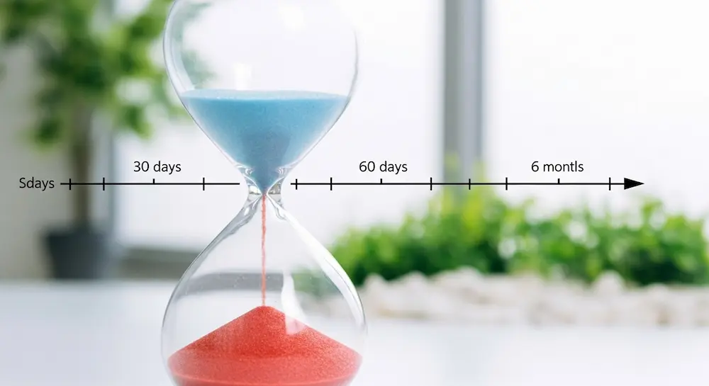 رسم توضيحي للوقت الذي يستغرقه رفع التقييم الائتماني في سمة، مع إبراز الفترات الزمنية 30-60 يومًا و6 أشهر.