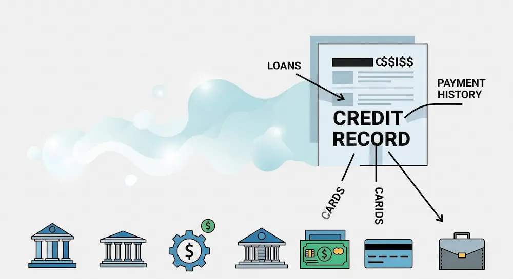 توضيح مرئي لمكونات السجل الائتماني، يربط بين المؤسسات المالية وشركة المعلومات الائتمانية "سمة" والبيانات التي يتم تجميعها.