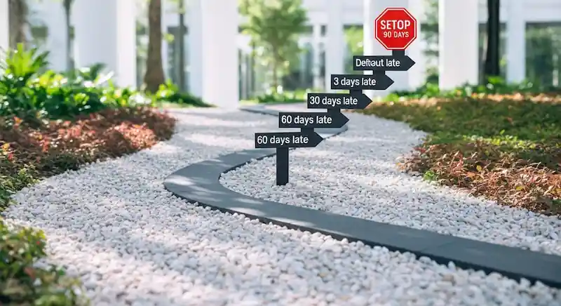  مخطط مسار يُظهر تحول المتأخرات البسيطة إلى حالة تعثر مالي مع مرور الأيام.