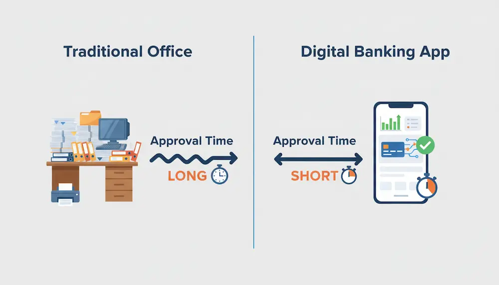 مقارنة بين الإجراءات التقليدية والرقمية في تعامل البنوك مع السجل الائتماني وسرعة اتخاذ قرار التمويل.