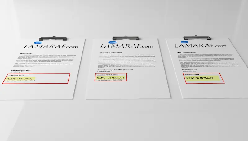 مقارنة ثلاثة عروض تمويل مختلفة من شركات مالية متباينة لتحديد أقلها تكلفة إجمالية وأفضلها شروطًا.