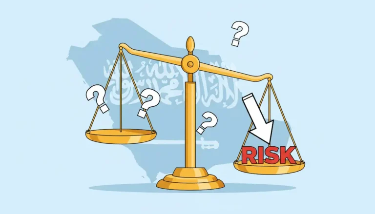 ميزان ائتماني مائل يشير إلى انخفاض التقييم الائتماني في السعودية، مع إبراز علامات استفهام حول الأسباب.
