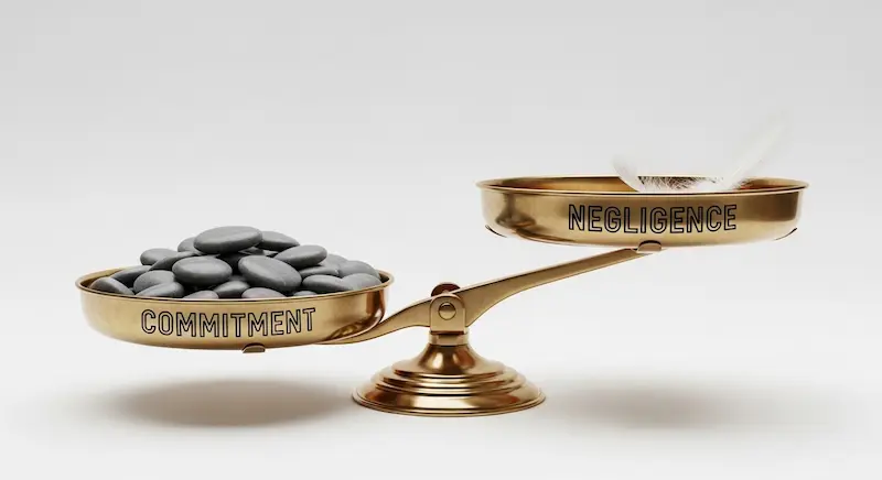 ميزان يقارن بين أثر الالتزام والإهمال المالي على نقاط سمة.