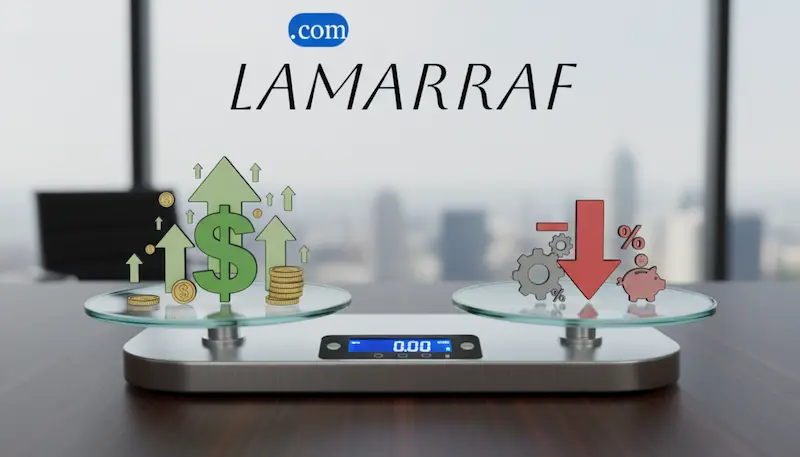 ميزان يوضح الموازنة بين مزايا الحصول على التمويل وتكاليفه المخفية.