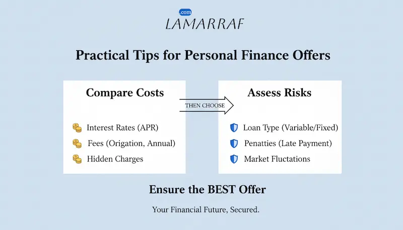 نصائح عملية لضمان اختيار أفضل عرض تمويل شخصي بعد مقارنة التكاليف والمخاطر.