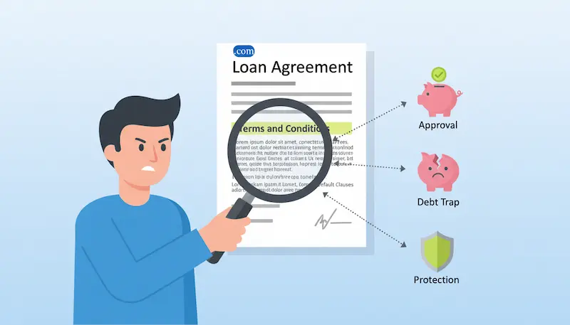 رجل يقرأ عقد تمويل بتدقيق شديد باستخدام عدسة مكبرة، يمثل الحاجة إلى الحذر قبل توقيع قرض جديد.