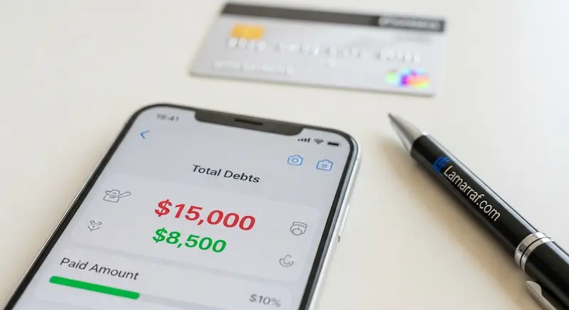 واجهة تطبيق مالي يوضح الفرق بين الديون المدفوعة والمستحقة.