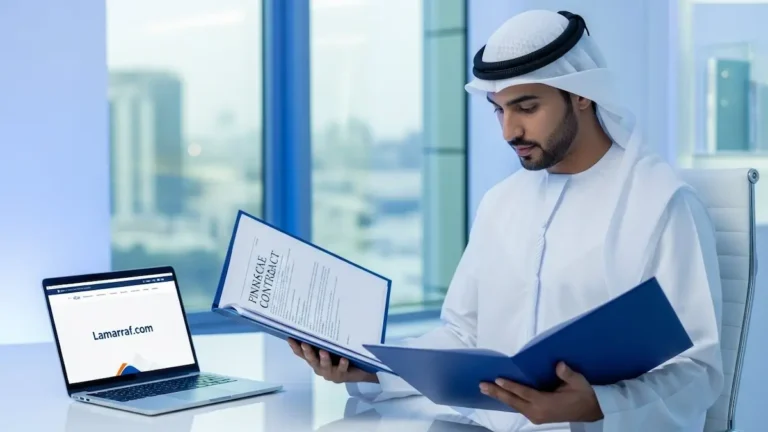 رجل يرتدي زي خليجي يقارن بين عقود بنكية مختلفة في مكتب حديث