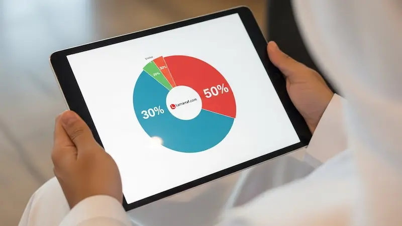 رسم بياني يوضح قاعدة تقسيم الراتب 50/30/20 لإدارة المال بذكاء.