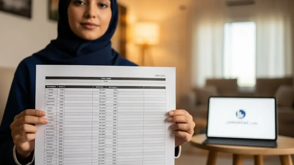 شخص يراجع قائمة ديونه في جدول، يمثل جرد الديون وحساب صافي القيمة خطوة بخطوة.