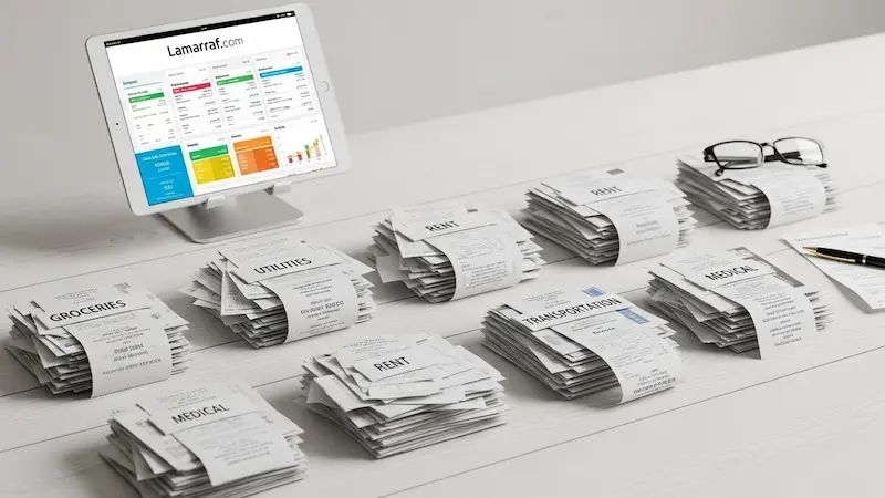 فرز الفواتير والإيصالات الشرائية وتقسيمها إلى مجموعات لتصنيف النفقات الشهرية.
