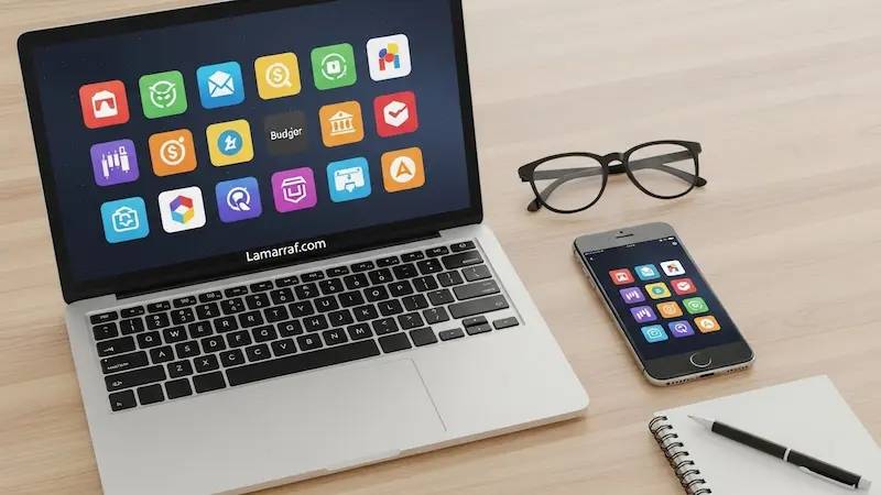 مجموعة من الأجهزة الذكية تعرض تطبيقات وأدوات مالية مساعدة لإدارة الميزانية.